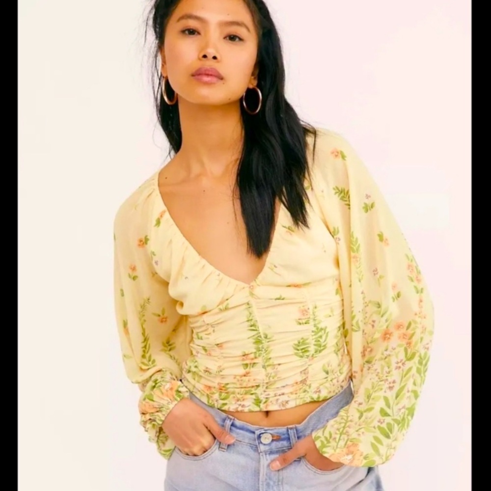 Free People Yellow Floral Ruched Peasant Blouse
